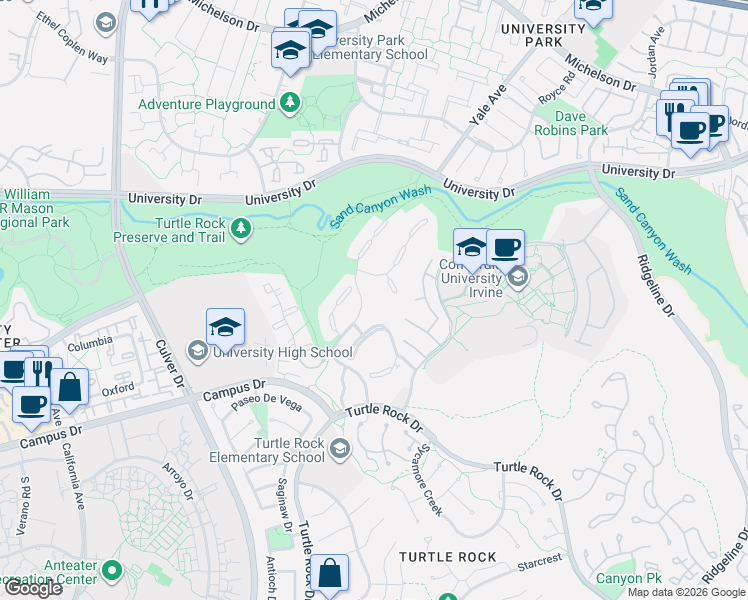 map of restaurants, bars, coffee shops, grocery stores, and more near 16 Falling Leaf in Irvine