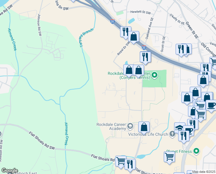 map of restaurants, bars, coffee shops, grocery stores, and more near 1137 Brett Drive Southwest in Conyers