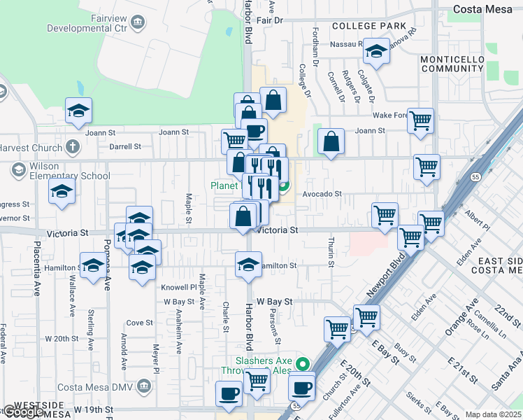 map of restaurants, bars, coffee shops, grocery stores, and more near 439 Bryson Springs in Costa Mesa