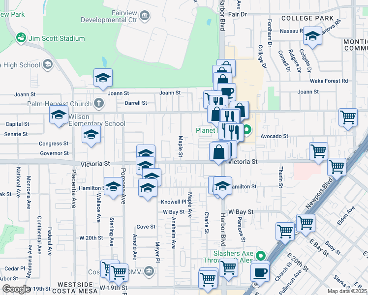 map of restaurants, bars, coffee shops, grocery stores, and more near 2178 Maple Street in Costa Mesa