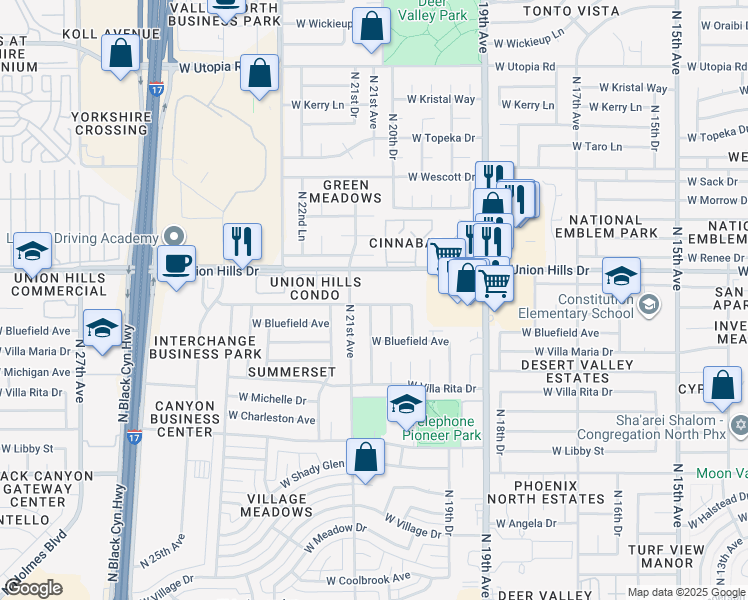 map of restaurants, bars, coffee shops, grocery stores, and more near 2048 W Wagoner Rd in Phoenix