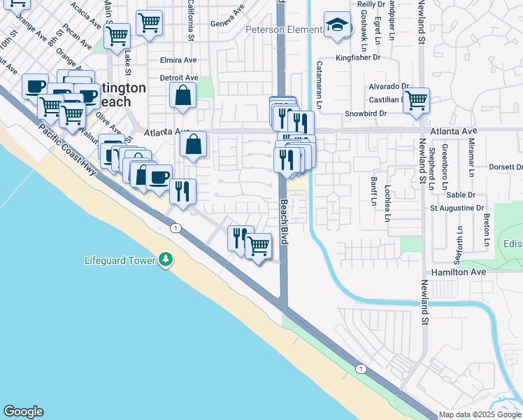 map of restaurants, bars, coffee shops, grocery stores, and more near 21270 Lorca Circle in Huntington Beach