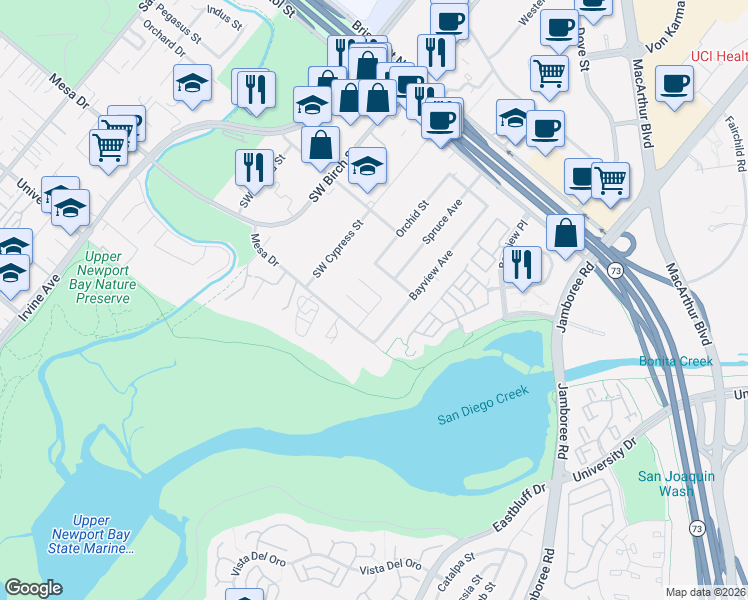 map of restaurants, bars, coffee shops, grocery stores, and more near 2391 Orchid Hill Place in Newport Beach