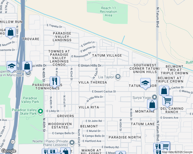 map of restaurants, bars, coffee shops, grocery stores, and more near 4352 East Annette Drive in Phoenix