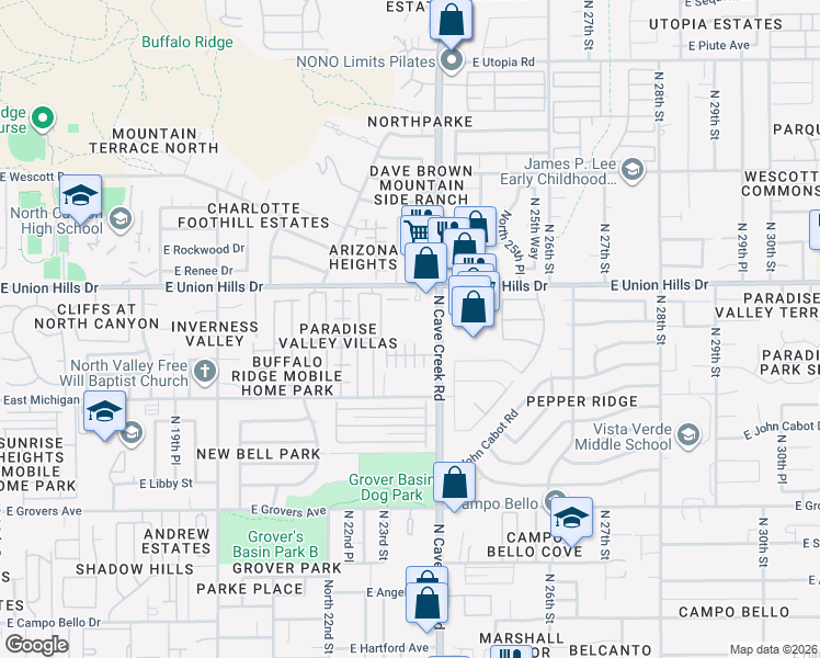 map of restaurants, bars, coffee shops, grocery stores, and more near 18416 North Cave Creek Road in Phoenix