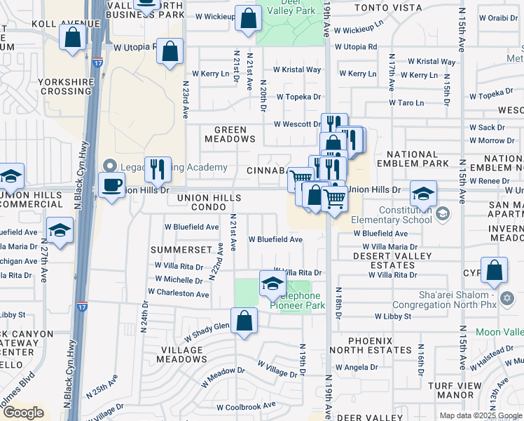 map of restaurants, bars, coffee shops, grocery stores, and more near 2039 West Union Hills Drive in Phoenix