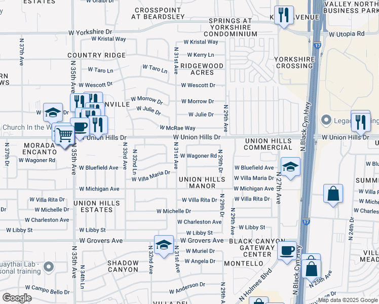 map of restaurants, bars, coffee shops, grocery stores, and more near 18438 North 30th Lane in Phoenix