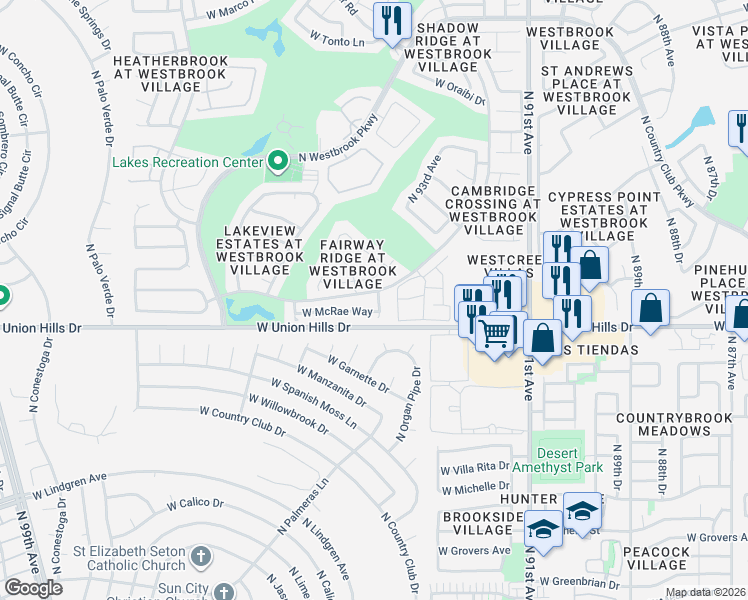 map of restaurants, bars, coffee shops, grocery stores, and more near 9411 West Morrow Drive in Peoria