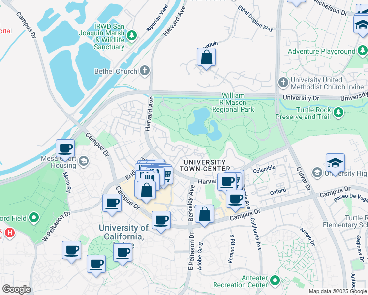 map of restaurants, bars, coffee shops, grocery stores, and more near 33 Auburn Aisle in Irvine