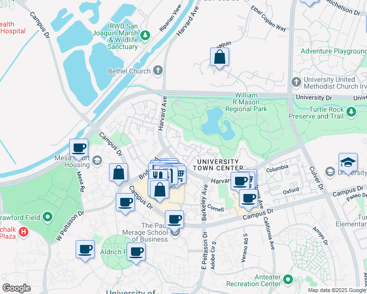 map of restaurants, bars, coffee shops, grocery stores, and more near 45 Lehigh Aisle in Irvine