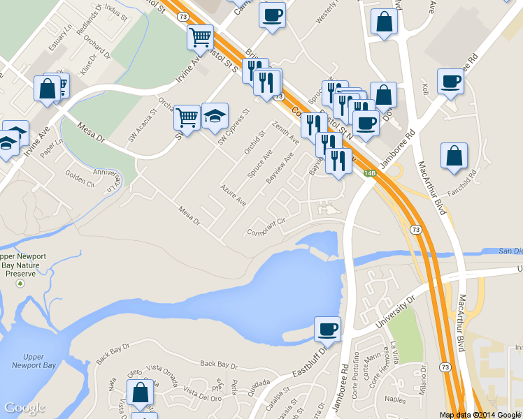 map of restaurants, bars, coffee shops, grocery stores, and more near 51 Shearwater Place in Newport Beach