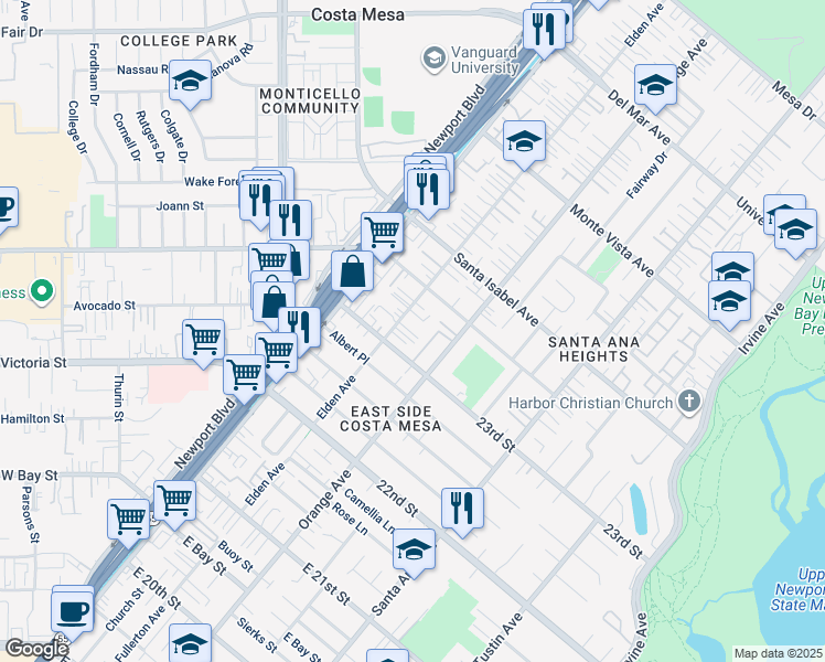 map of restaurants, bars, coffee shops, grocery stores, and more near 2323 Elden Avenue in Costa Mesa