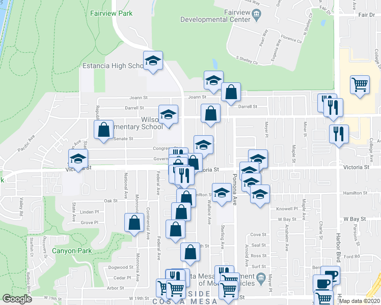 map of restaurants, bars, coffee shops, grocery stores, and more near 2188 Placentia Avenue in Costa Mesa
