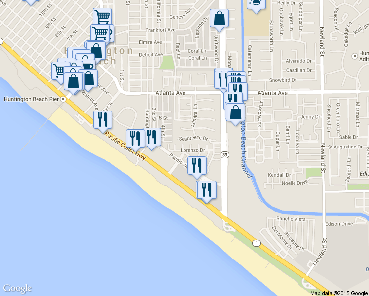 map of restaurants, bars, coffee shops, grocery stores, and more near 7806 Seabreeze Drive in Huntington Beach