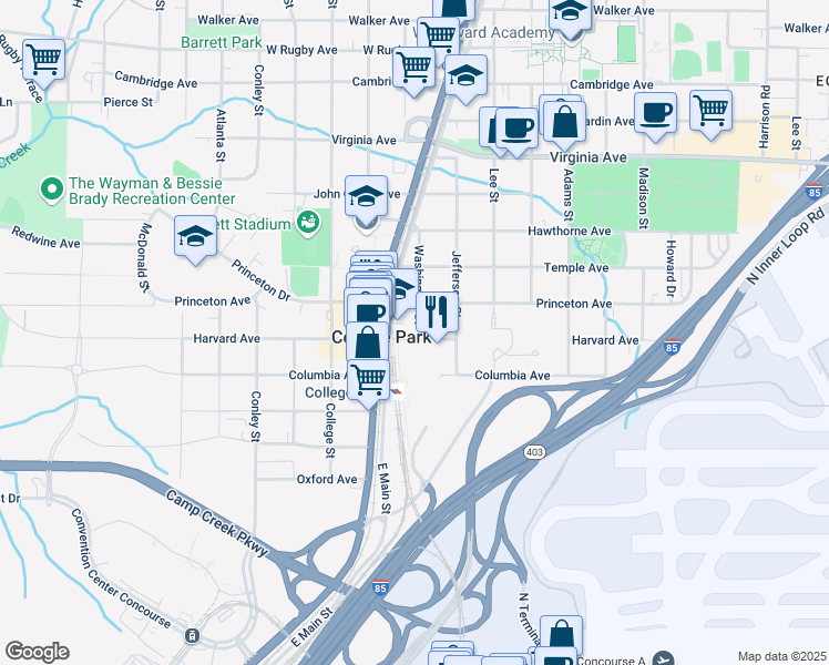 map of restaurants, bars, coffee shops, grocery stores, and more near 1805 Harvard Avenue in College Park