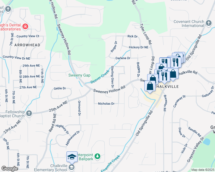 map of restaurants, bars, coffee shops, grocery stores, and more near 5124 Sterling Glen Drive in Pinson