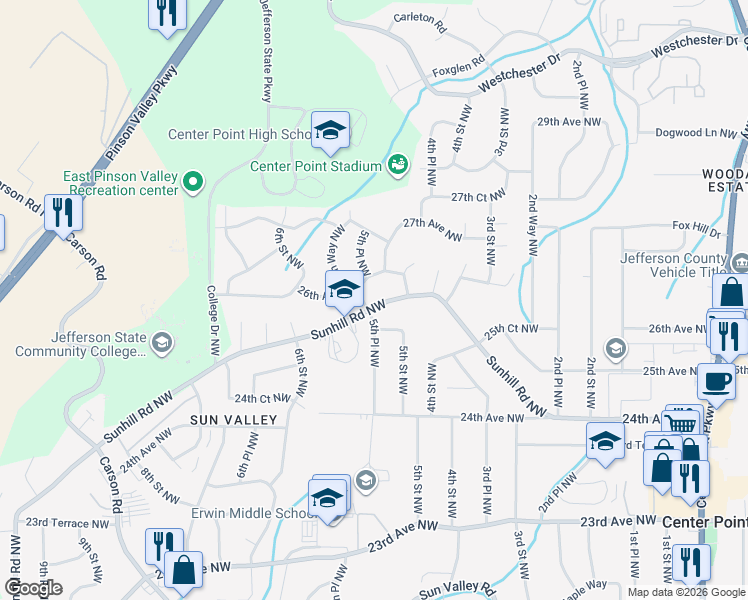 map of restaurants, bars, coffee shops, grocery stores, and more near 517 26th Avenue Northwest in Center Point