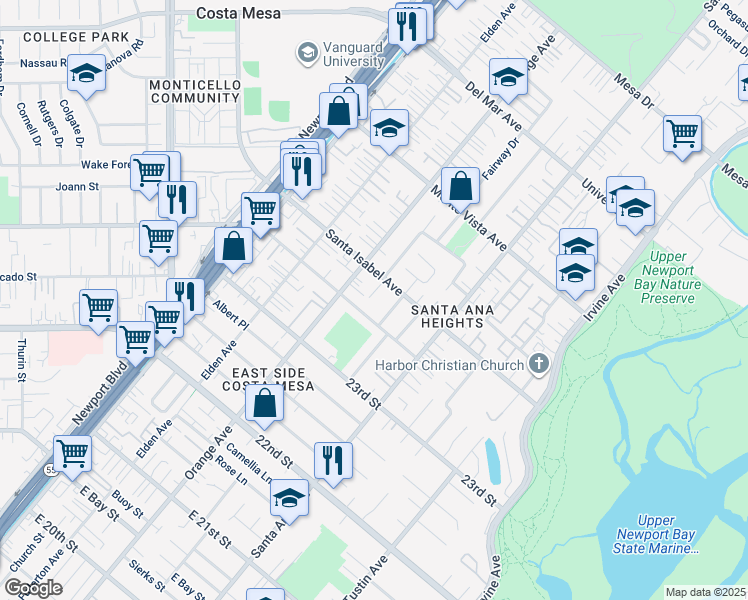 map of restaurants, bars, coffee shops, grocery stores, and more near 2378 Norse Avenue in Costa Mesa