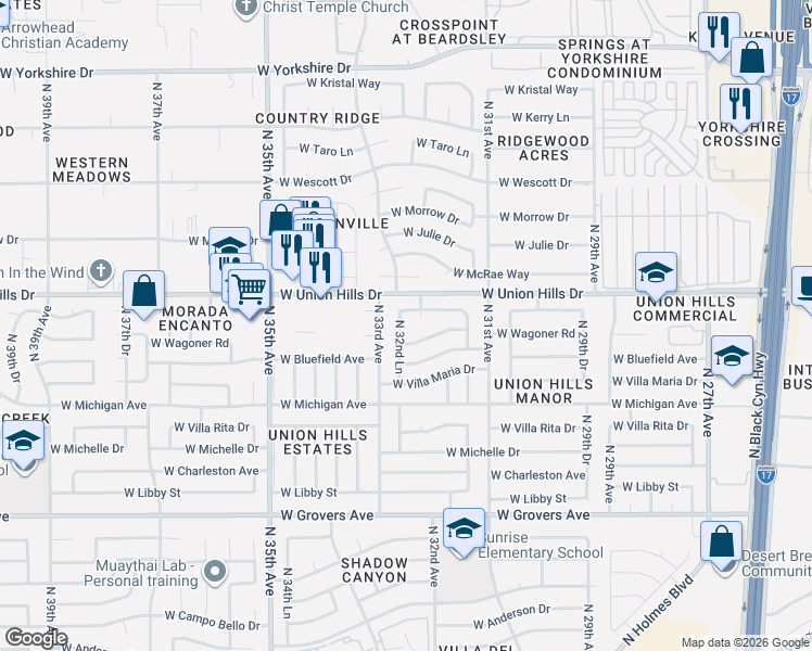map of restaurants, bars, coffee shops, grocery stores, and more near 18434 North 32nd Lane in Phoenix