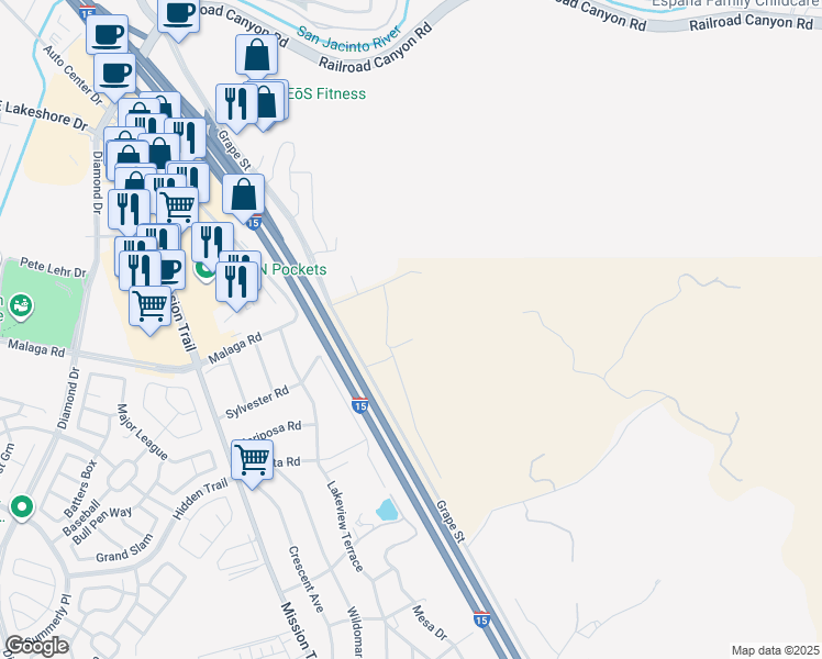 map of restaurants, bars, coffee shops, grocery stores, and more near 32130 Hemple Street in Wildomar