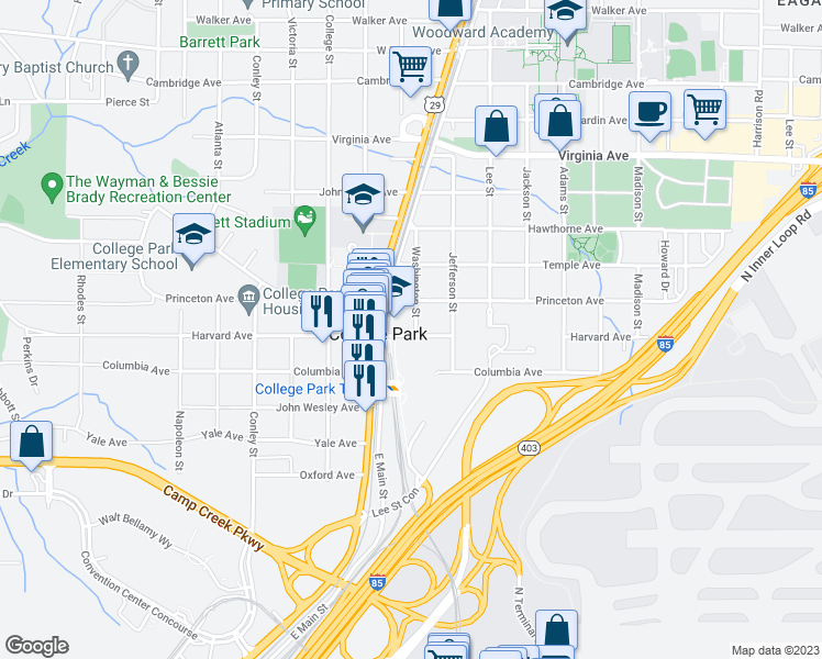 map of restaurants, bars, coffee shops, grocery stores, and more near 1805 Harvard Avenue in College Park