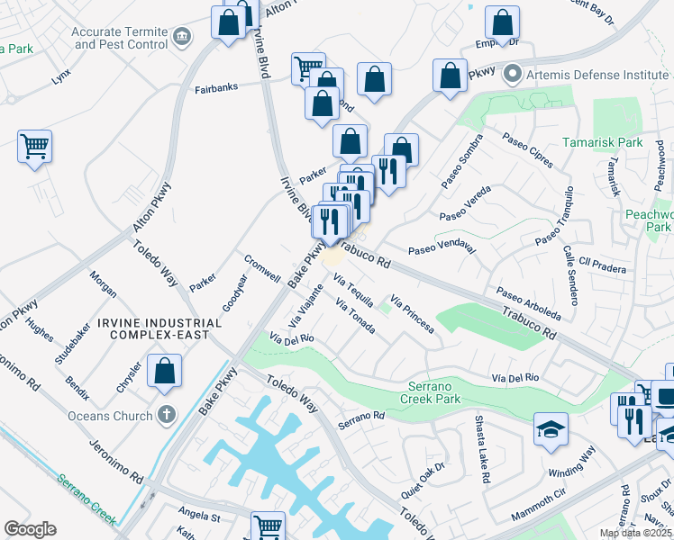 map of restaurants, bars, coffee shops, grocery stores, and more near 24535 Vía Tequila in Lake Forest