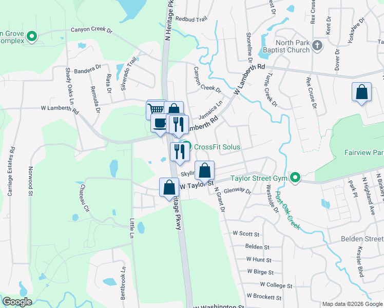 map of restaurants, bars, coffee shops, grocery stores, and more near 2016 Monte Cristo Way in Sherman