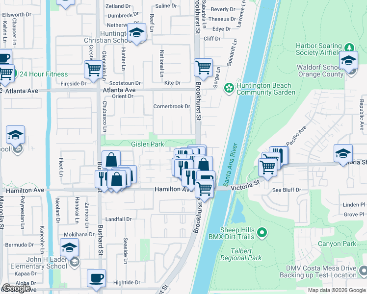map of restaurants, bars, coffee shops, grocery stores, and more near 21282 Wavecrest Circle in Huntington Beach
