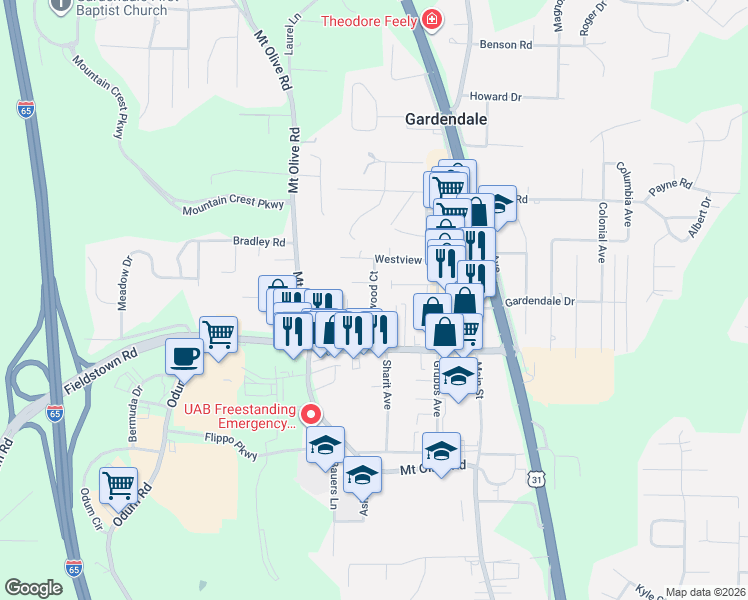 map of restaurants, bars, coffee shops, grocery stores, and more near 1117 Brookwood Court in Gardendale