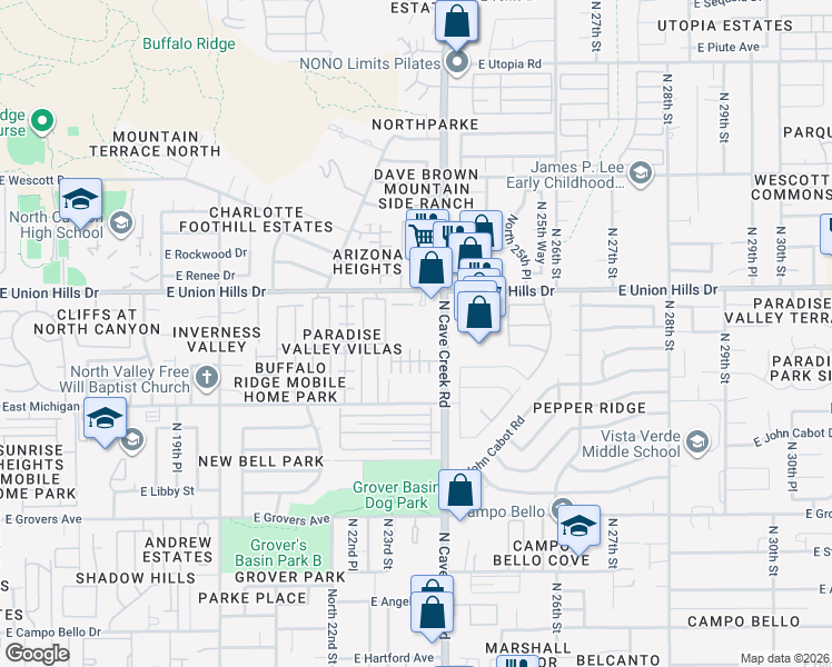 map of restaurants, bars, coffee shops, grocery stores, and more near 18416 North Cave Creek Road in Phoenix
