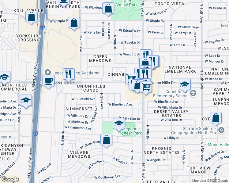 map of restaurants, bars, coffee shops, grocery stores, and more near 2039 West Union Hills Drive in Phoenix