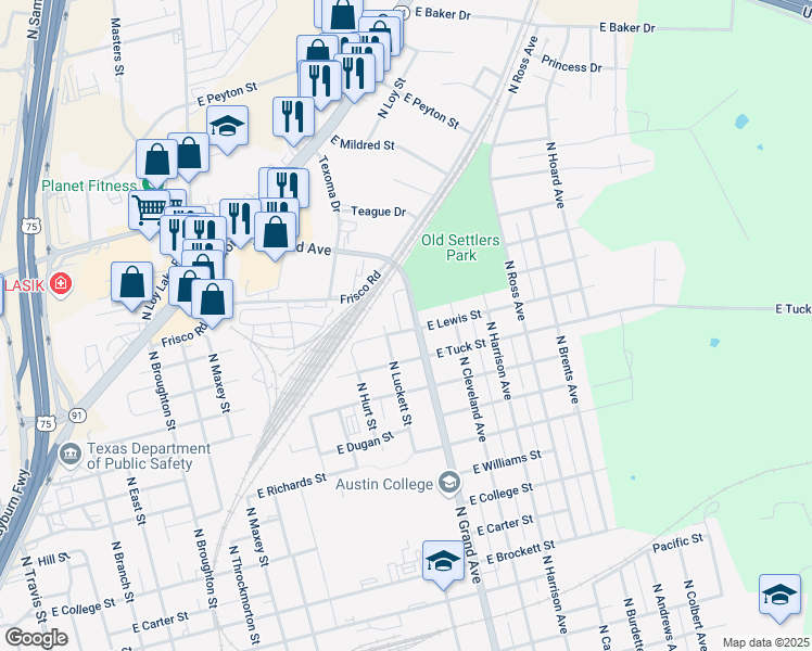 map of restaurants, bars, coffee shops, grocery stores, and more near 1510 North Grand Avenue in Sherman