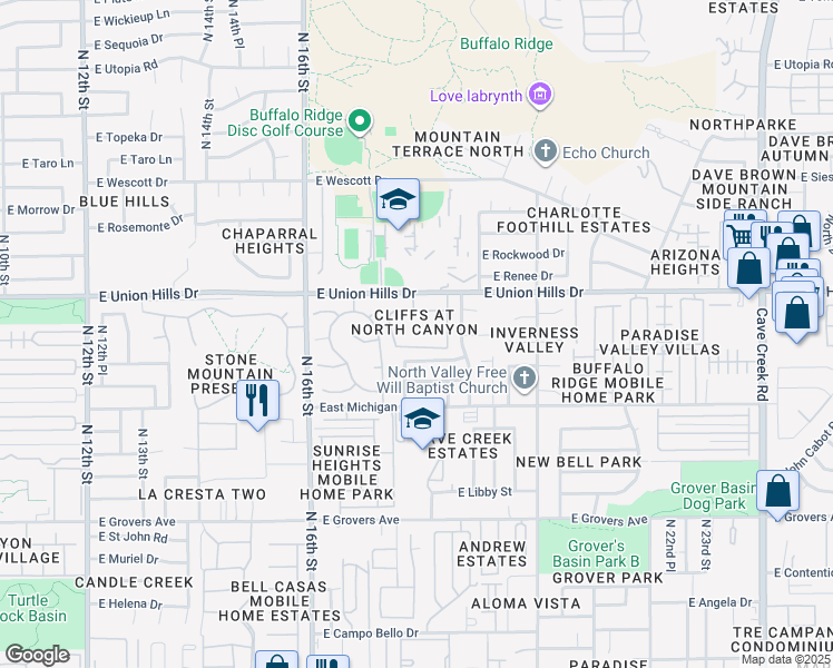 map of restaurants, bars, coffee shops, grocery stores, and more near 1717 East Union Hills Drive in Phoenix