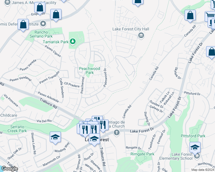 map of restaurants, bars, coffee shops, grocery stores, and more near 25531 Fallenwood in Lake Forest