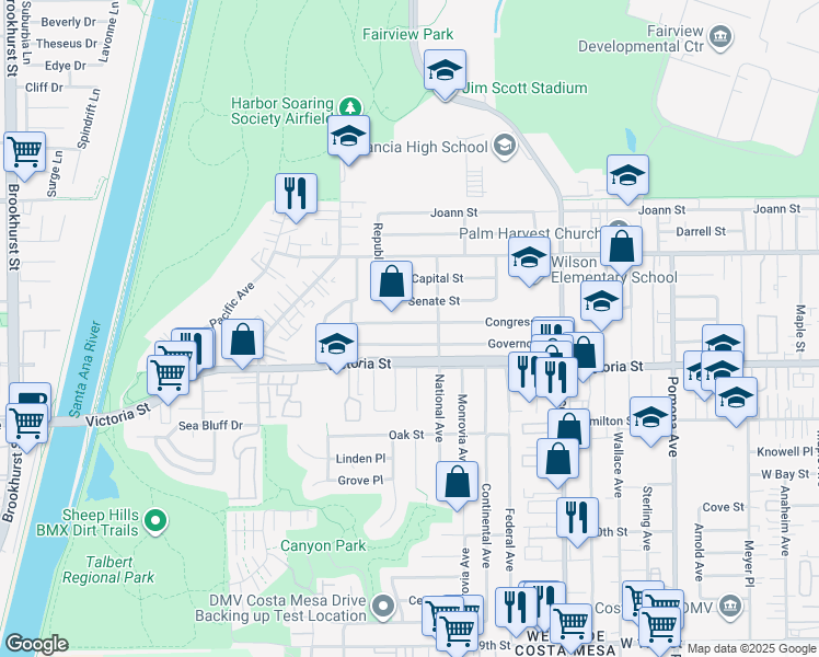map of restaurants, bars, coffee shops, grocery stores, and more near 939 Congress Street in Costa Mesa
