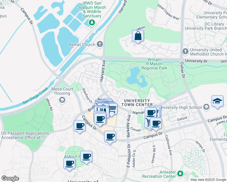 map of restaurants, bars, coffee shops, grocery stores, and more near in Irvine