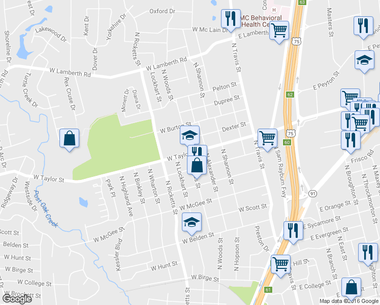 map of restaurants, bars, coffee shops, grocery stores, and more near 501 West Taylor Street in Sherman
