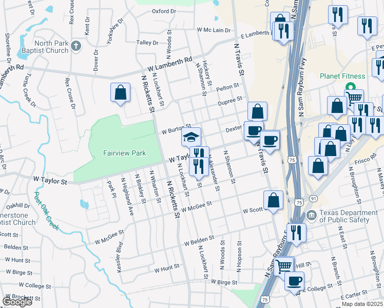 map of restaurants, bars, coffee shops, grocery stores, and more near 501 West Taylor Street in Sherman