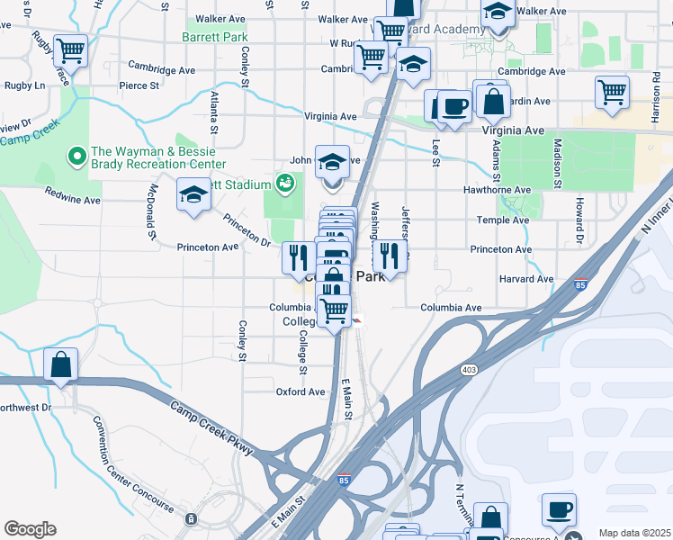 map of restaurants, bars, coffee shops, grocery stores, and more near 3721 Main Street in Atlanta