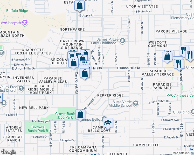 map of restaurants, bars, coffee shops, grocery stores, and more near 2534 East Wagoner Road in Phoenix