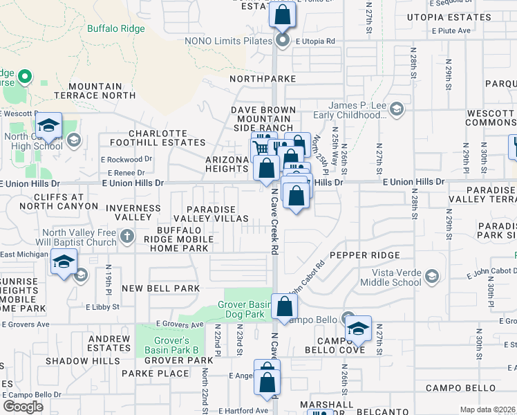 map of restaurants, bars, coffee shops, grocery stores, and more near 18416 North Cave Creek Road in Phoenix