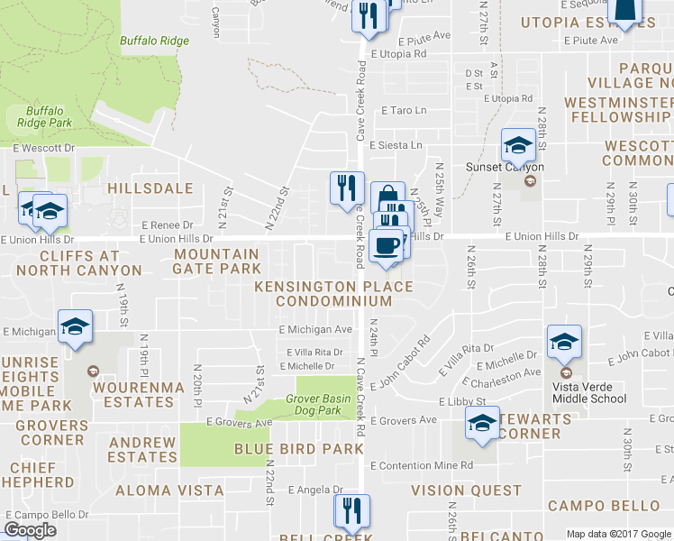 map of restaurants, bars, coffee shops, grocery stores, and more near 18416 North Cave Creek Road in Phoenix