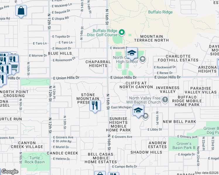 map of restaurants, bars, coffee shops, grocery stores, and more near 1601 East Villa Theresa Drive in Phoenix