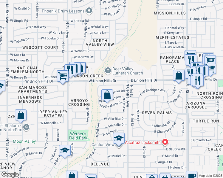 map of restaurants, bars, coffee shops, grocery stores, and more near 201 West Villa Theresa Drive in Phoenix