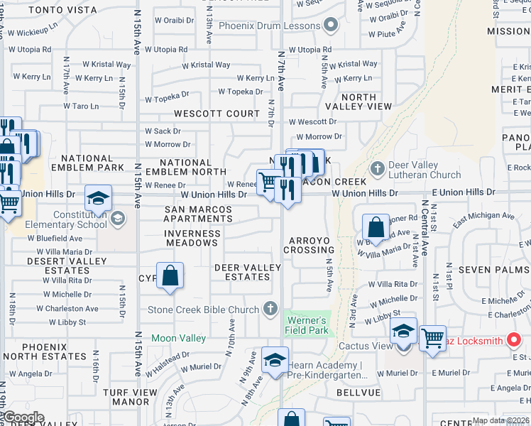 map of restaurants, bars, coffee shops, grocery stores, and more near 801 West Villa Theresa Drive in Phoenix