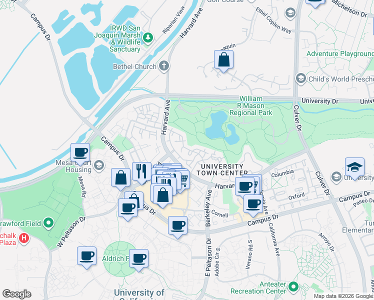 map of restaurants, bars, coffee shops, grocery stores, and more near 45 Lehigh Aisle in Irvine