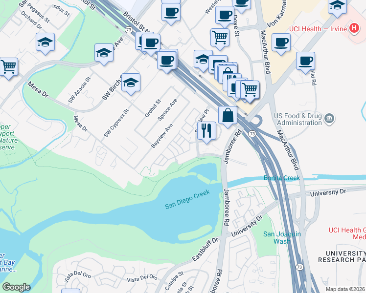 map of restaurants, bars, coffee shops, grocery stores, and more near 36 Gannet Lane in Newport Beach