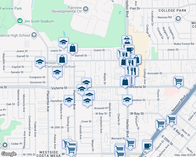 map of restaurants, bars, coffee shops, grocery stores, and more near 603 San Michel Drive North in Costa Mesa