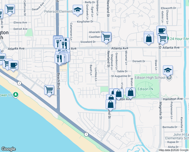 map of restaurants, bars, coffee shops, grocery stores, and more near 21232 Banff Lane in Huntington Beach