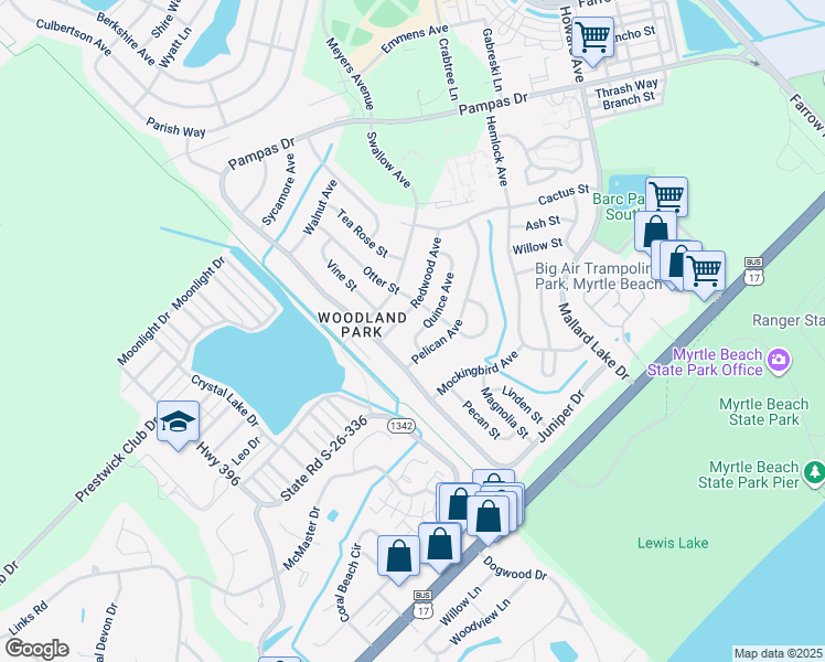 map of restaurants, bars, coffee shops, grocery stores, and more near 535 Redwood Avenue in Myrtle Beach